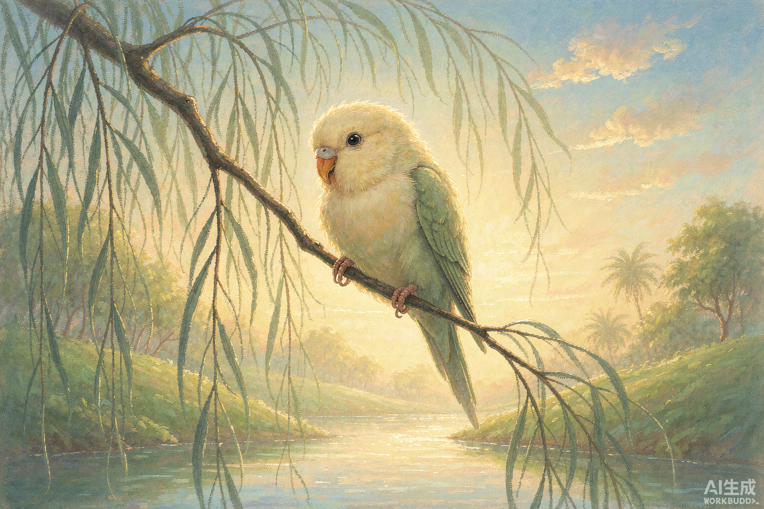 虎皮鹦鹉栖柳枝 · Claude 风插画