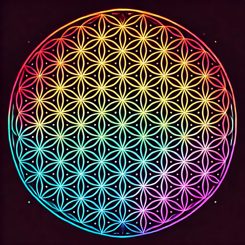 DALL·E 2024-12-12 18.39.56 - A complete and vibrant illustration of the Flower of Life pattern on a solid black background. The interconnected circles are illuminated with vivid, .webp